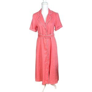 Tuckernuck Salmon Pink Button Down Collared Linen Belted Midi Dress Size Medium